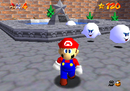Mario in the Courtyard of Mushroom Castle in Super Mario 64
