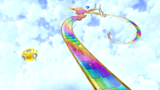 A screenshot of Rolling Coaster Galaxy during "The Rainbow Road Roll" mission from Super Mario Galaxy 2.