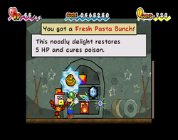 Luigi holding the 50 Shop Point reward in Super Paper Mario.
