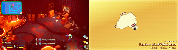 Mario and Luigi near wooden crates containing 1-Up DX,3 10-Coins, 50-Coin, a Mushroom, a Quick-Charge Brooch accessory, a Super Syrup Jar, Syrup Jar and an Ultra Mushroom on Skorcheen Island of Mario & Luigi: Brothership.