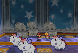 Mario, Kooper and some Albino Dinos in the Crystal Palace in Paper Mario