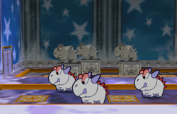 Mario, Kooper and some Albino Dinos in the Crystal Palace in Paper Mario