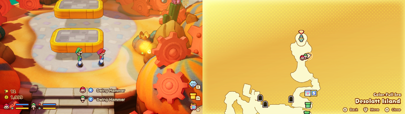 Mario and Luigi near a Sprite Bulb Nest on Desolatt Island of Mario & Luigi: Brothership.
