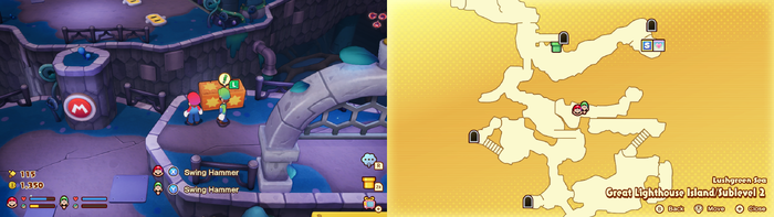 Mario and Luigi near wooden crates containing a Coin on Great Lighthouse Island of the Lushgreen Sea of Mario & Luigi: Brothership.