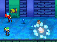 The heroes using an Ice Flower in Mario & Luigi: Partners in Time