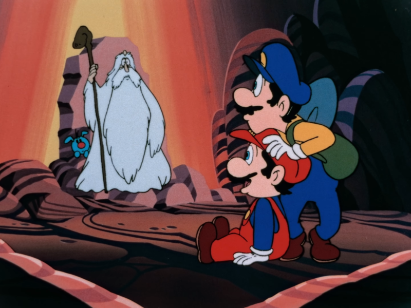 File:Mario and Luigi greeted by Kinoko Sennin.png