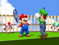 Mario and Luigi celebrating a win in their tennis match against Wario and Waluigi during the Mario Power Tennis opening