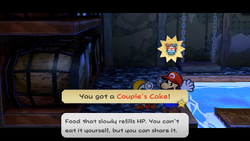 Mario getting a Couple's Cake from Goombella in Pirate's Grotto of Paper Mario: The Thousand-Year Door for Nintendo Switch.