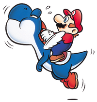 Artwork of Blue Yoshi flying from Super Mario World.