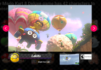 An image of Lakitu in Mario Kart 8 Deluxe, gliding through the air of Royal Raceway in the Biddybuggy. The image has the name "Lakitu" underneath it with the character's head, a subtitle reading "Weight Class: Light", a still of a video, and the ESRB rating E for everyone with the Comic Mischief warning.