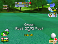 The ball on the tournament green in Mario Golf: Toadstool Tour.