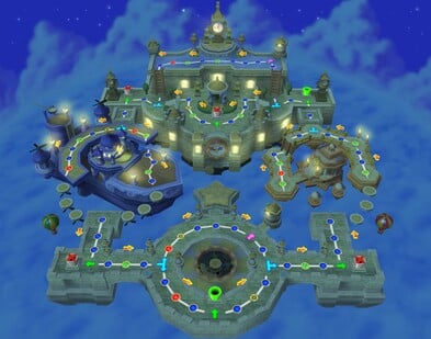 The board of Clockwork Castle at night.