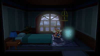 Mario being given the Birdcage by a ghost Toad in Dark Bloo Inn of Paper Mario: Color Splash.