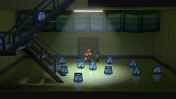 Mario surrounded by Battle Trunks in the storage room of Glitz Pit of Paper Mario: The Thousand-Year Door for Nintendo Switch.