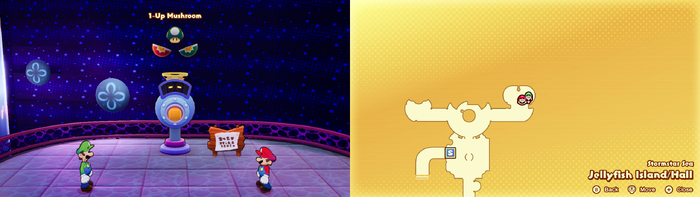 Mario and Luigi being given 1-Up Mushroom by the Concordia Hammer-Rally machine on Jellyfish Island of Mario & Luigi: Brothership.