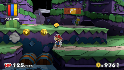 Mario near 2 Coins in Lighthouse Island of Paper Mario: Color Splash.