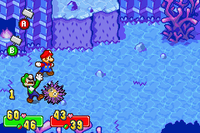 Screenshot of Luigi getting poisoned by a Pestnut in Mario & Luigi: Superstar Saga