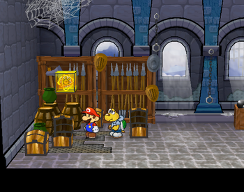 Mario getting the Shine Sprite in the storeroom of Hooktail Castle in Paper Mario: The Thousand-Year Door.