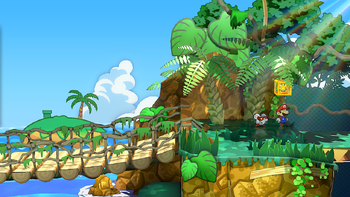 Mario next to the Shine Sprite behind the leaves of the tree to the right of the bridge in Keelhaul Key in the remake of the Paper Mario: The Thousand-Year Door for the Nintendo Switch.