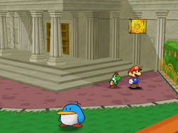 Mario next to the Shine Sprite  outside Poshley Sanctum in Poshley Heights in Paper Mario: The Thousand-Year Door.
