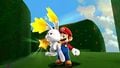 Early picture of Mario catching a Star Bunny. The background suggests the Puzzle Cube was once in a different galaxy.