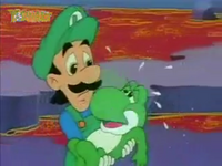 Luigi holding Yoshi in the Super Mario World episode Mama Luigi.