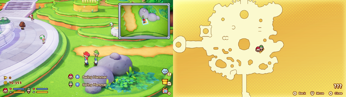 Mario and Luigi near a vent which is only seen on the Lakitu's camera containing 8 Coins in the illusionary Mushroom Kingdom area of Soli-Tree of Mario & Luigi: Brothership.