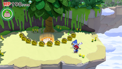 Mario standing near 10 100-Coins in Spring of Jungle Mist of The Origami King.