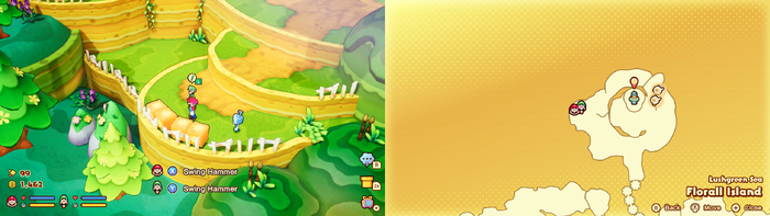 Mario and Luigi near wooden crates containing a Coin and a Five Coin on Florall Island of Mario & Luigi: Brothership.