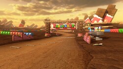 SNES Choco Island 1 custom track in Mario Kart 8 Deluxe viewed from the starting line.