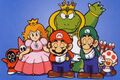 Artwork on the back of the issue featuring a Snifit, Princess Peach, Wart, Mario, Luigi, a Tryclyde, and Toad