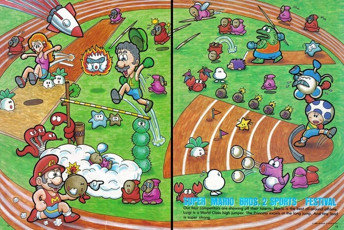 A two-page promotional spread depicts various enemies and characters from Super Mario Bros. 2 as athletes in an Olympics-esque stadium. On page one, an off-model Mario is holding a lit Bob-omb and running around the track, seemingly cheered on a by an off-model Shy Guy and Snifit. Luigi is doing a high jump over a bar supported by a Pokey and a stick with a Cobrat wrapped around it, and is positioned to land on a Shy Guy sleeping on a cloud. Princess Toadstool is performing a long jump, with turnips embedded in the ground and a rocket zooming overhead. In the background on page two, Wart is doing a javelin throw. In the foreground of page two, Toad is throwing a shotput, with a turnip and a Starman embedded in the ground.