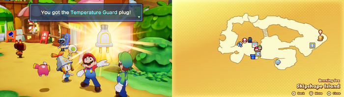 Mario and Luigi being given the Temperature Guard Battle Plug by Connie on Shipshape Island of Mario & Luigi: Brothership.