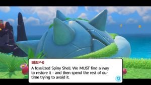 Beep-0 comments on the Spiny Shell fossil in front of Peach's Castle