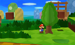 Mario near a tree containing 5 Coins in Hither Thither Hill of Paper Mario: Sticker Star.