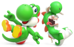 Artwork of Yoshi and Rabbid Yoshi from Mario + Rabbids Kingdom Battle