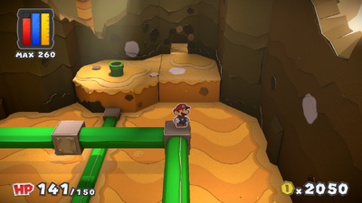 Mario in front of the unrevealed platform in Mustard Café of Paper Mario: Color Splash.