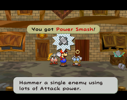 Mario getting the Power Smash badge from Professor Frankly in Rogueport of Paper Mario: The Thousand-Year Door.