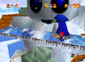 Screenshot of the Snowman blowing wind in Snowman's Land from Super Mario 64.