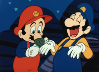 Mario holding a Waraitake with Luigi under its effects in Super Mario Bros.: Peach-hime Kyūshutsu Dai Sakusen!