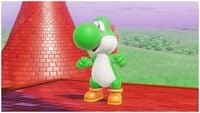 A screenshot of Yoshi from Super Mario Odyssey, taken via the "Snapshot Mode".