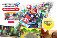 A large image of Mario, Luigi, Princess Peach, and Toad driving on top of course icons. The Mario Kart 8 Deluxe Booster Course Pass logo is displayed in the top left, with a trailer preview underneath it. On the right, a badge is displayed reading "Wave 3" and "courses added!". Icons of New York Minute, SNES Mario Circuit 3, and N64 Kalimari Desert are displayed at an angle at the bottom.