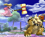 Screenshot of Princess Peach striking the Golden Hammer on Bowser, from Super Smash Bros. Brawl