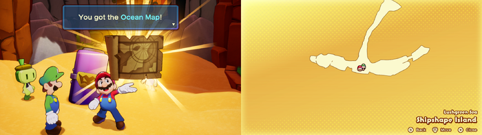 Mario being given the Ocean Map by Arc while he's trapped inside the capsule on Shipshape Island of Mario & Luigi: Brothership.