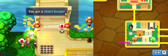 Mario and Luigi getting the Shield Badge from PR Toad in Toad Town of Mario & Luigi: Bowser's Inside Story + Bowser Jr.'s Journey.