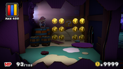 Mario near 12 Coins in Fortune Island of Paper Mario: Color Splash.