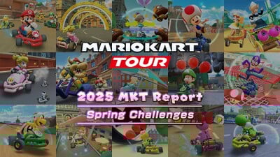 Image used with Nintendo's announcement of the 2025 MKT Report Spring Challenges. It consists of the Mario Kart Tour logo and the report's title overlaid on a collage of screenshots showing bonus challenges from the Spring Tour.