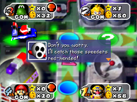 Yoshi agreeing to pay five coins to the Snifit Patrol in Space Land to set up a speed trap. From Mario Party 2.