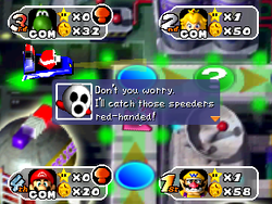 Yoshi agreeing to pay five coins to the Snifit Patrol in Space Land to set up a speed trap. From Mario Party 2.