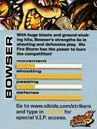 Mario Strikers Charged trading card featuring Bowser (back). Taken from Nintendo Power